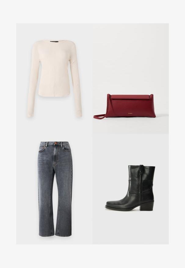 Ilgi piedurkņu, gaiši bēšas krāsas blūze ar apaļu dekoltē. Izgatavota no mīksta auduma, ar centrālo šuvi un nedaudz izliekta apakšmala. Nav redzamu papildus elementu.; Tumši pelēki džinsi ar augstu vidukli, taisnu kāju piegriezumu, piecām kabatām un kontrastējošiem oranžiem izšuvumiem.; Melna ādas potīte ar noapaļotu purngalu, bloku papēdi, sānu rāvējslēdzēju un šuvju akcentiem uz virsmas. Gluda tekstūra, klasiskā dizaina.; Sarkans ādas klasisks maciņš ar teksturētu virsmu, ar plakanu salokāmu augšpusi un īsu siksniņu. Uz priekšpuses ir smalks zīmola logo.