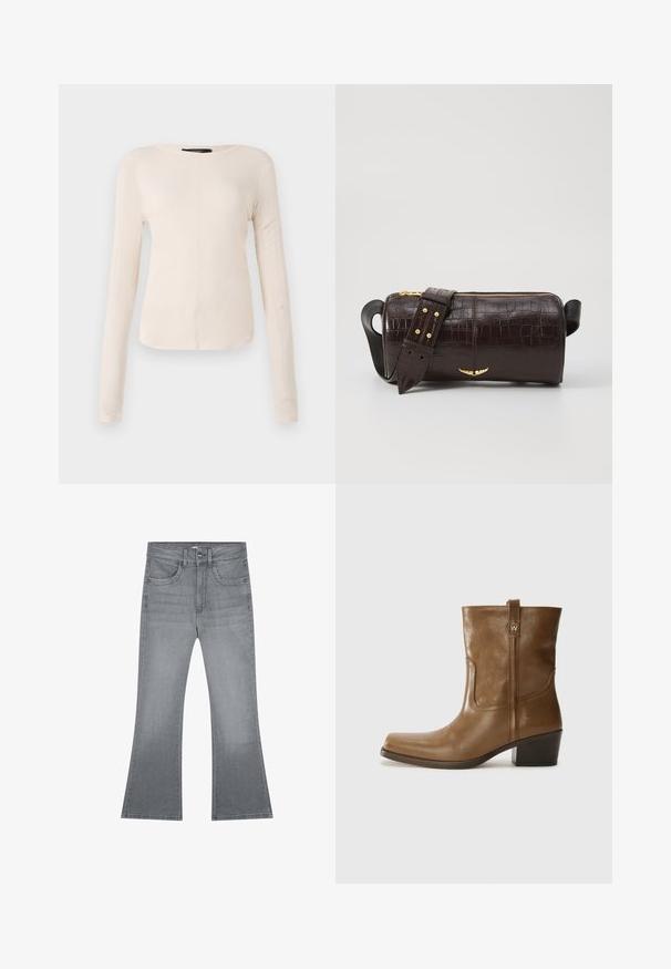 Dlouhý rukáv, světle béžový top s kulatým výstřihem. Vyrobeno z jemné látky, má středový šev a mírně zaoblený lem. Bez viditelné kovové úpravy.; Šedé rozšířené džíny vyrobené z denimu, s klasickým pětikapsovým designem, zapínáním na knoflík a hladkou texturou.; Hnědé kožené kotníkové boty se čtveratou špičkou, texturovaným povrchem a nízkým zvýšeným podpatkem. Mají zadní poutko na obouvání a jemné prošívání.; Hnědá kabelka z krokodýlí kůže s embosováním, cylindrického tvaru, se zlacenými kovovými prvky a odnímatelným popruhem se hroty.