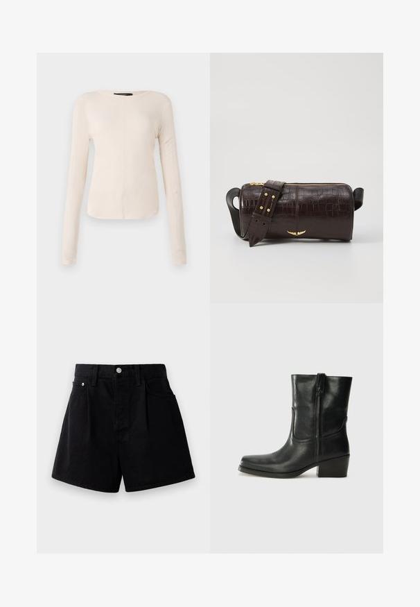 Pikkade varrukatega helesinine topp ümmarguse kaelusega. Valmistatud pehmest kangast, sisaldab keskset õmblust ja kergelt kaardus serva. Ei ole nähtavat riistvara.; Mustad denim lühikesed püksid sirge lõikega, varustatud nööbi kinnitusega, kahe ees oleva taskuga ja pehme, tekstureeritud kangaga.; Musta nahast pahkluu saabas ümarate varvastega, plokknäppu, külgsepa ja pealsetel õmblusest aktsentidega. Sile tekstuur, klassikaline disain.; Pruunist krokodillimustrist nahast kott, millel on silindri kuju, kuldse tooni metalldetailid ja eemaldatav rihm, kus on nupud.