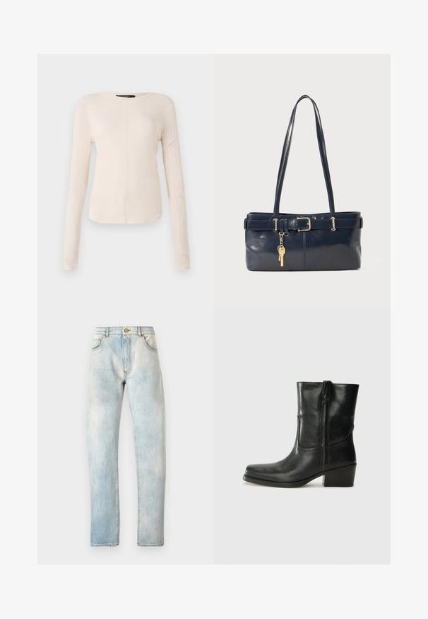 Top cu mânecă lungă, de culoare bej deschis, cu decolteu rotund. Realizat dintr-un material moale, prezintă o cusătură centrală și un tiv ușor curbat. Fără elemente de prindere vizibile.; Jeans din denim de colorare bleu deschis, cu croi drept, cinci buzunare și închidere cu nasture. Textură estompată pe toată suprafața, cu cusături detaliate pe șanțuri.; Botine din piele neagră, cu vârf rotund, toc pătrat, fermoar pe lateral și accente de cusături pe partea superioară. Textură netedă, design clasic.; Geantă de piele bleumarin cu două mânere lungi, detaliu cu cataramă și un breloc atașat. Are o textură netedă și o formă rectangulară.