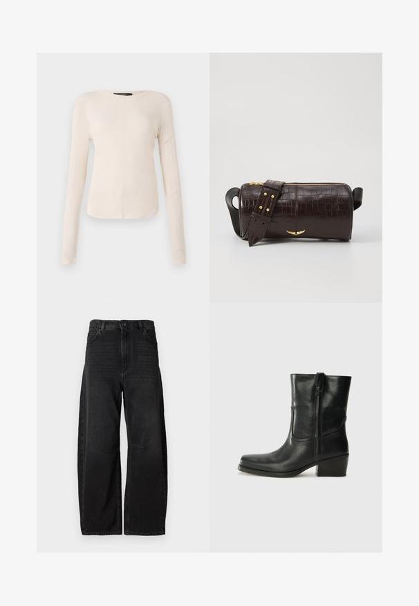 Maglietta a maniche lunghe di colore beige chiaro con scollatura rotonda. Realizzata in tessuto morbido, presenta una cucitura centrale e un orlo leggermente curvato. Senza hardware visibile.; Jeans in denim nero a gamba larga, realizzati in tessuto resistente, con vita alta, grandi tasche frontali e un design di cucitura pulito e minimalista.; Stivale ankle in pelle nera con punta arrotondata, tacco a blocco, cerniera laterale e dettagli in cucitura sulla tomaia. Texture liscia, design classico.; Borsa in pelle stampata a coccodrillo marrone con forma cilindrica, accessori in tonalità oro e una tracolla staccabile con borchie.