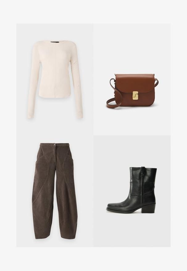 Dugih rukava, svijetlo bež majica s okruglim izrezom. Izrađena od mekanog materijala, ima središnji šav i blago zakrivljen rub. Nema vidljivih metalnih dijelova.; Smeđe široke kaubojke od kordura s visokim strukom, prednjim zatvaranjem na dugme i kutnim šavovima na nogavicama.; Crne kožne čizme do članaka s okruglim vrhom, blok potpeticom, bočnim patentnim zatvaračem i detaljima od šavova na gornjem dijelu. Glatka tekstura, klasičan dizajn.; Smeđa kožna torba s preklopom, zlatnim detaljima, remenom za nošenje preko ramena i glatkom teksturom. Kompaktni pravokutni oblik.