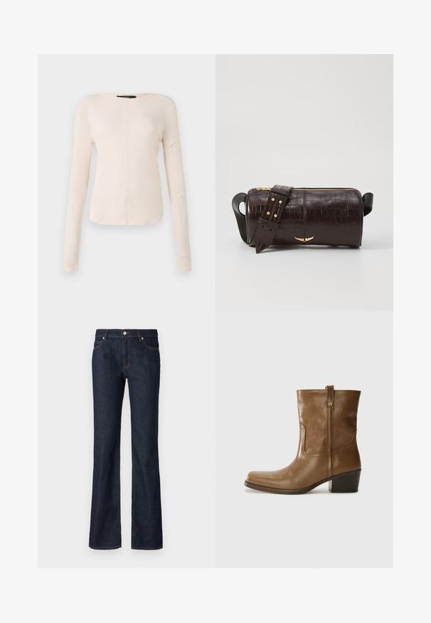 Top de manga larga, color beige claro, con cuello redondo. Fabricado en un tejido suave, presenta una costura central y un dobladillo ligeramente curvado. Sin herrajes visibles.; Jeans de mezclilla de color azul oscuro con forma acampanada, diseño de cinco bolsillos y costuras en naranja contrastante a lo largo de las costuras y bolsillos.; Botín de cuero marrón hasta el tobillo, con punta cuadrada, acabado texturizado y un tacón bajo apilado. Presenta una pestaña trasera y detalles de costura sutiles.; Bolso de cuero marrón con estampado de cocodrilo, de forma cilíndrica, con herrajes en tono dorado y una correa desmontable con tachuelas.