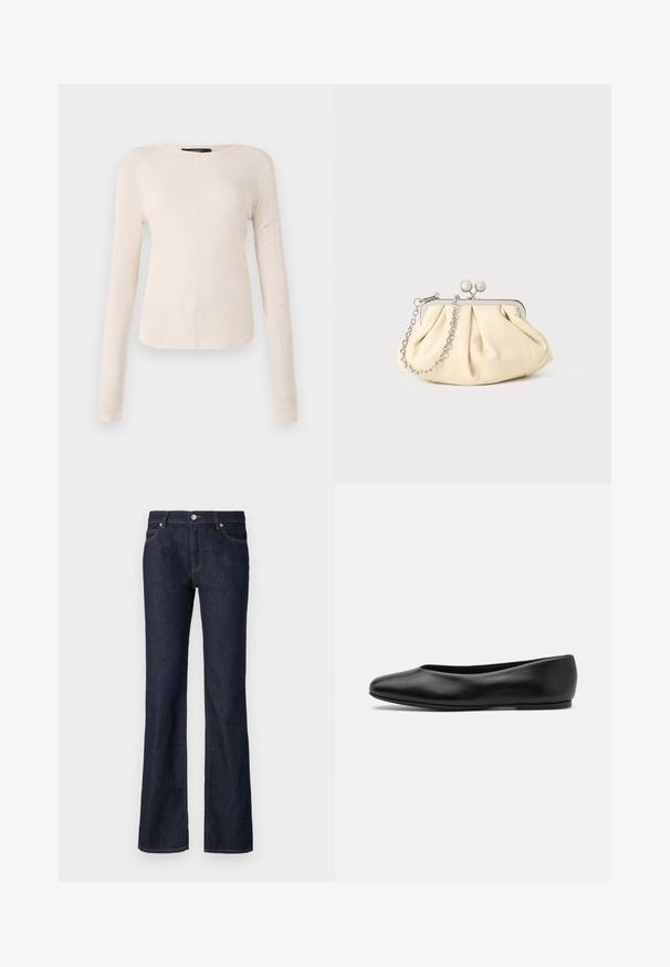 Long-sleeve, light beige top with a round neckline. Made of soft fabric, features a central seam and slightly curved hem. No visible hardware.; Dark blue denim jeans with a flared shape, five-pocket design, and contrasting orange stitching along the seams and pockets.; Paul Smith TOPANGA - Ballet pumps - black; Pleated beige leather clutch with a silver metal frame, featuring two round decorative clasps and a silver chain strap.