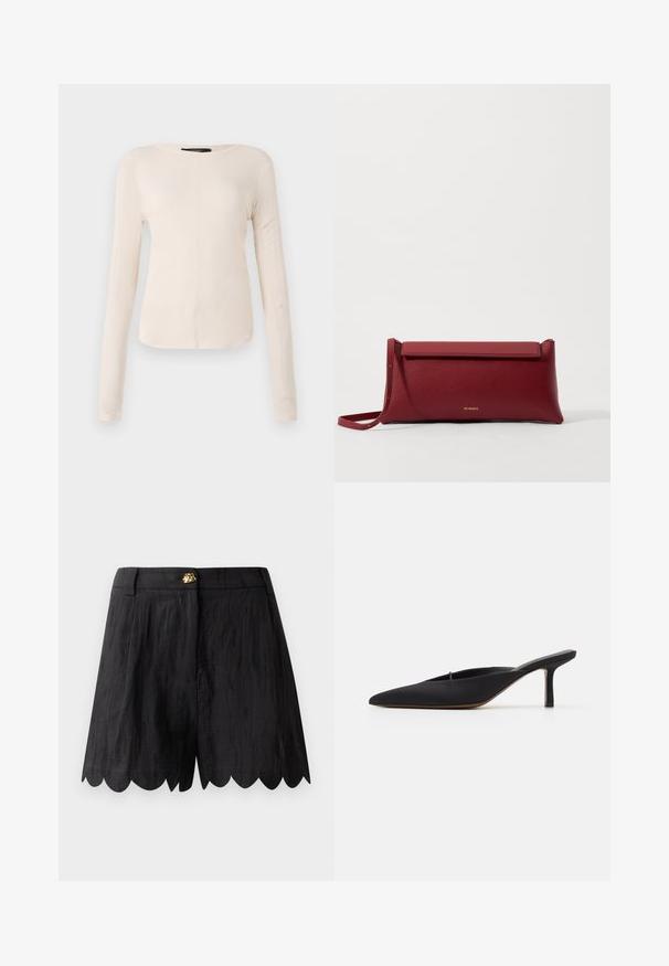 Ilgesnių rankovių, šviesiai bežinis viršus su apvaliu iškirpimu. Pagamintas iš minkštos medžiagos, turi centrinę siūlę ir šiek tiek kreivą apatinių kraštų liniją. Matomų detalių nėra.; Juodi džinsai su tekstūruotu paviršiumi, su banginiu kraštu, juosmeniu ir aukso detalėmis priekyje.; Juodos smailianosios mule tipo basutės su elegantišku dizainu, pagamintos iš lygaus audinio, su lieknu kulnu ir atvira nugara patogiam užsidėjimui.; Raudona odinė rankinė su tekstūruotu paviršiumi, turinti plokščią užlenkiamą viršų ir trumpą dirželį. Subtilus prekės ženklo logotipas priekyje.