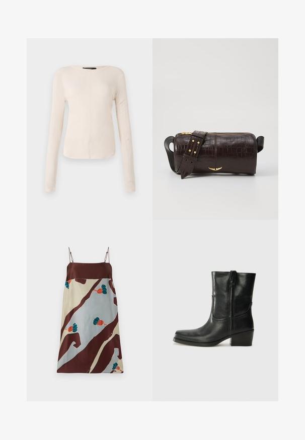 Ilgesnių rankovių, šviesiai bežinis viršus su apvaliu iškirpimu. Pagamintas iš minkštos medžiagos, turi centrinę siūlę ir šiek tiek kreivą apatinių kraštų liniją. Matomų detalių nėra.; Satinė suknelė, turinti rudą viršutinę dalį, pereinančią į spalvingą abstrakčių formų ir gėlių raštą mėlynos ir oranžinės spalvų.; Juodi odiniai aulinukai iki kulkšnies su apvali nosimi, blokuotais kulnais, šonine užtrauktuku ir siuvimo akcentais ant viršutinės dalies. Lygi tekstūra, klasikinis dizainas.; Ruda krokodilo odspaudo odinė rankinė cilindro formos, su auksinėmis detalėmis ir nuimamu dirželiu, papuoštu studelėmis.