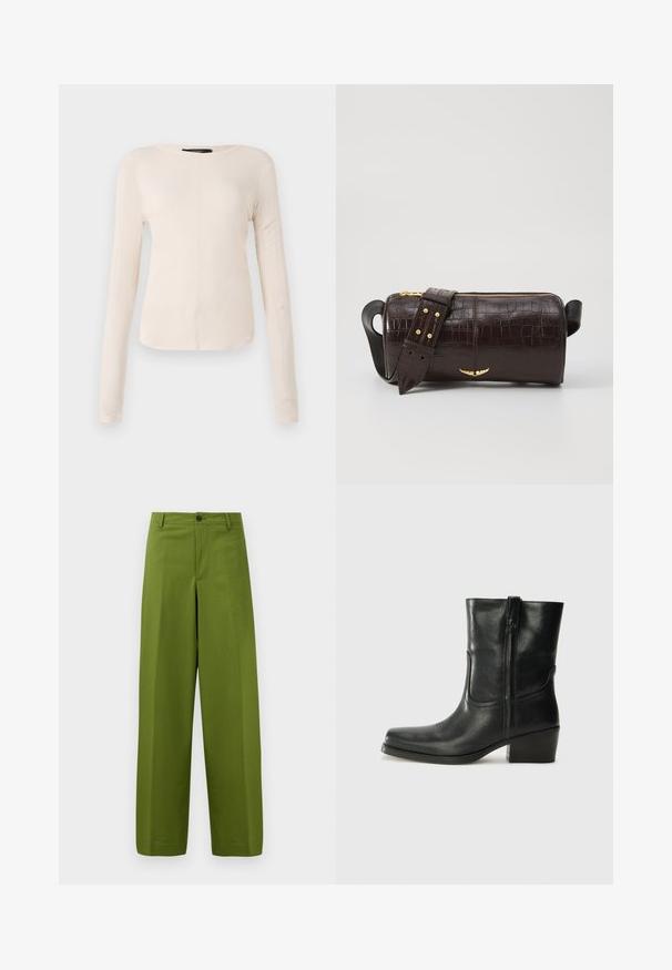 Dolga majica v svetlo bež barvi s okroglim izrezom. Narejena iz mehkega materiala, ima osrednji šiv in rahlo ukrivljen rob. Ni vidnih elementov.; Zelene hlače širokega kroja, izdelane iz gladkega blaga. Imajo en sam gumb za zapiranje spredaj in raven sprednji del.; Črne usnjene gležnjarje z zaobljenim nosom, blok peto, stransko zadrgo in šivanjem na vampu. Gladka tekstura, klasična zasnova.; Brah blaženka iz rjavega usnja z embosiranim krokodilom, cilindrične oblike, zlatih kovinskih elementov in odstranljivim pasom, ki vsebuje žebljičke.