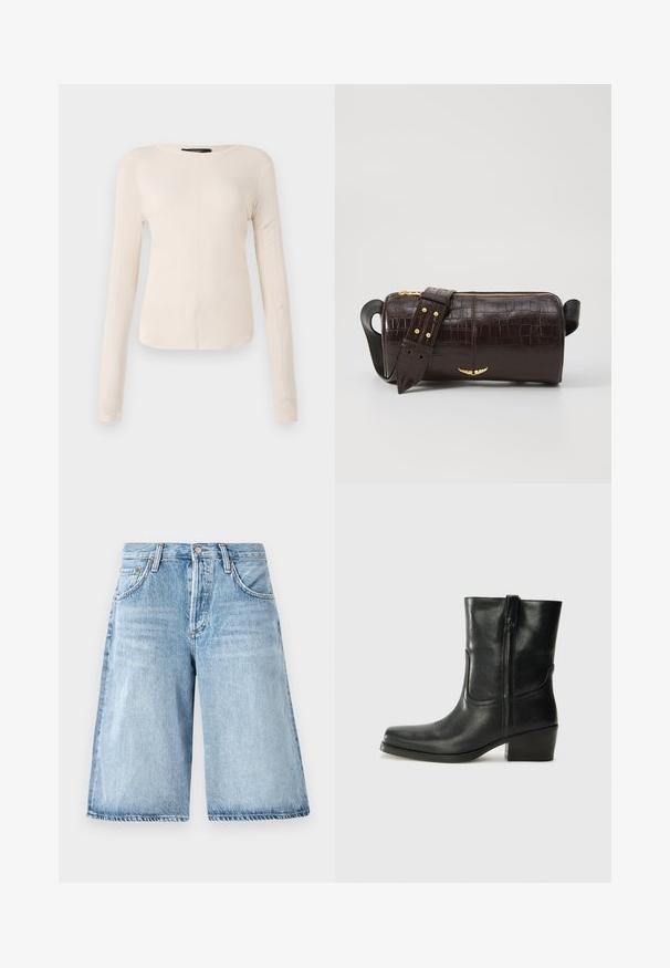 Ilgi piedurkņu, gaiši bēšas krāsas blūze ar apaļu dekoltē. Izgatavota no mīksta auduma, ar centrālo šuvi un nedaudz izliekta apakšmala. Nav redzamu papildus elementu.; Gai zilas denimu šorti ar brīvu piegriezumu, augsta jostas vieta, piecas kabatas un vieglas nokrāsas uz auduma.; Melna ādas potīte ar noapaļotu purngalu, bloku papēdi, sānu rāvējslēdzēju un šuvju akcentiem uz virsmas. Gluda tekstūra, klasiskā dizaina.; Brūna krokodila ādas soma ar cilindrisku formu, zelta toni aparatūru un noņemamu siksnu ar studiem.