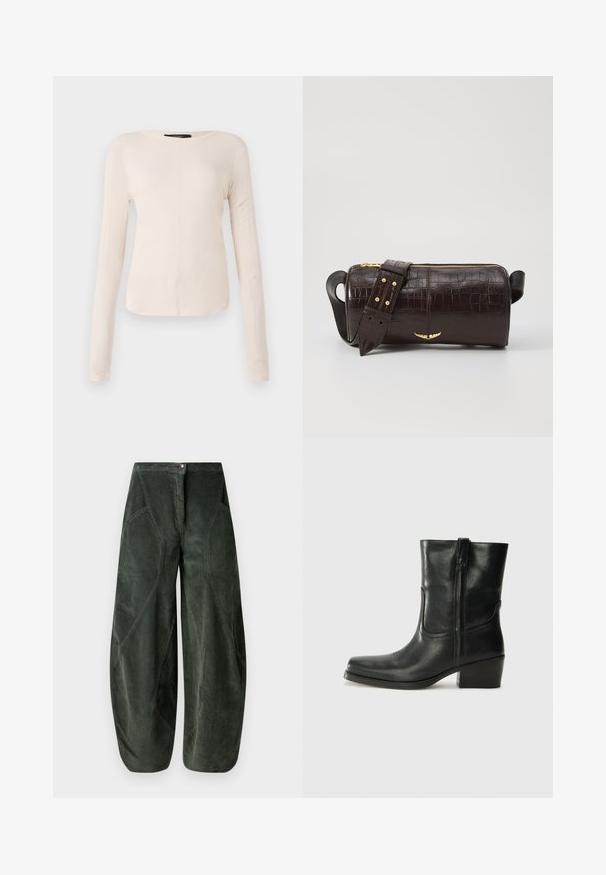 Long-sleeve, light beige top with a round neckline. Made of soft fabric, features a central seam and slightly curved hem. No visible hardware.; Wide-legged pants in dark green corduroy fabric, featuring a button closure and angled side pockets with a textured, ribbed pattern.; Black leather ankle boot with a rounded toe, block heel, side zipper, and stitching accents on the vamp. Smooth texture, classic design.; Brown crocodile-embossed leather bag with a cylindrical shape, gold-tone hardware, and a detachable strap featuring studs.