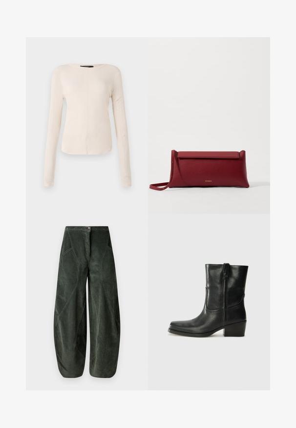Pitkähihainen, vaaleanbeige paita, jossa on pyöreä kaula-aukko. Valmistettu pehmeästä kankaasta, jossa on keskeinen sauma ja hieman kaareva helma. Ei näkyvää metalliosaa.; Lepakankaiset housut tummanvihreästä kordellista, joissa on nappikiinnitys ja kulmikkaat sivutaskut, joissa on tekstuurinen, röpelöinen kuvio.; Musta nahkasaapas nilkkamittaisella varrella, pyöreällä kärjellä, lohkarekorolla, sivuvetoketjulla ja ompeluaksentilla varren yläosassa. Suora pinta, klassinen muotoilu.; Punainen nahkainen clutch-muoti, jossa on teksturoitu pinta, litteä taittopäällinen ja lyhyt hihna. Hienovarainen brändilogo edessä.