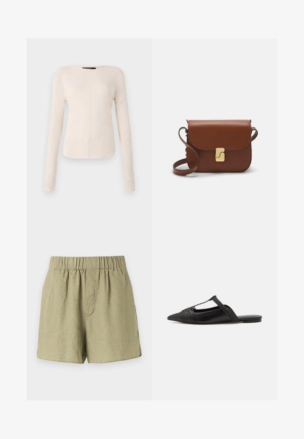 Maglietta a maniche lunghe di colore beige chiaro con scollatura rotonda. Realizzata in tessuto morbido, presenta una cucitura centrale e un orlo leggermente curvato. Senza hardware visibile.; Pantaloni corti in lino verde chiaro con vita elasticizzata, tasche laterali e una vestibilità rilassata. Presentano un tessuto liscio, leggermente texturizzato.; Scarpa slingback in pelle nera con punta appuntita, con un dettaglio intrecciato e un design superiore plissettato. Suola piatta con hardware minimale.; Borsa a tracolla in pelle marrone con chiusura a pattina, hardware color oro, tracolla e una finitura liscia. Forma rettangolare compatta.