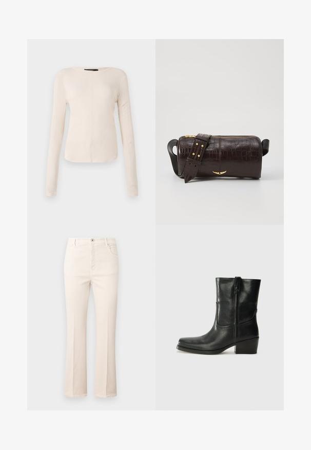 Langærmet, lys beige top med rund halsudskæring. Lavet af blødt stof, har en central søm og let buet kant. Der er ingen synlige metaldele.; Beige flare jeans lavet af bomuld, med høj talje, fem lommer, knaplukning og diskrete syninger.; Sort læder ankelstøvle med rundt tå, blokhæl, lynlås i siden og stikninger på vampsiden. Glat tekstur, klassisk design.; Brun krokodilleder taske med cylindrisk form, hardware i guld-tone, og en aftagelig rem med nitter.