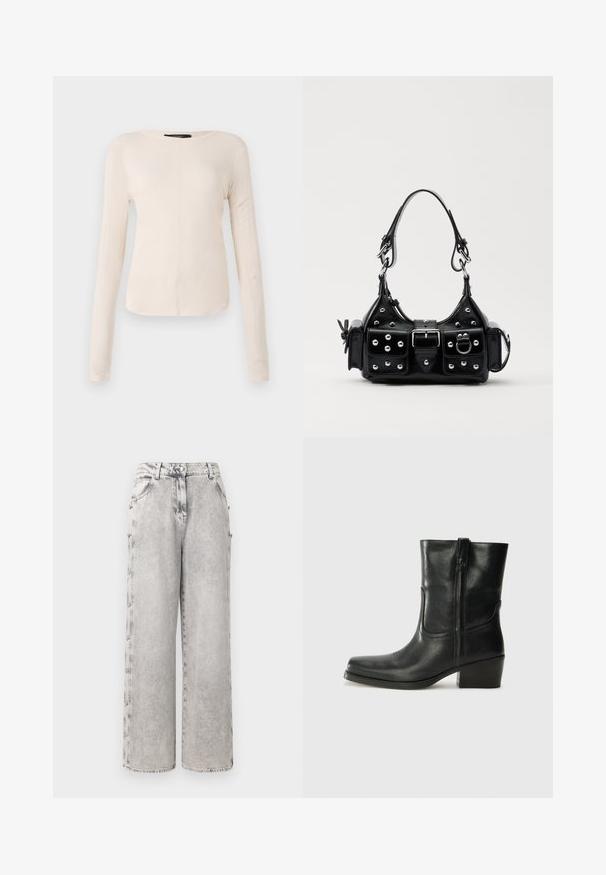 Długi rękaw, jasnobeżowa bluzka z okrągłym dekoltem. Wykonana z miękkiego materiału, posiada centralny szew oraz lekko zaokrąglony dół. Brak widocznych elementów metalowych.; Iro ANDREEA jasnoszary; Czarne skórzane botki za kostkę z okrągłym noskiem, słupkowym obcasem, bocznym zamkiem i przeszyciami na cholewce. Gładka tekstura, klasyczny design.; Czarna skórzana torebka w zakrzywionym kształcie, z srebrnymi ćwiekami, klamrą i dwoma bocznymi kieszeniami. Regulowany pasek umożliwiający różne opcje noszenia.