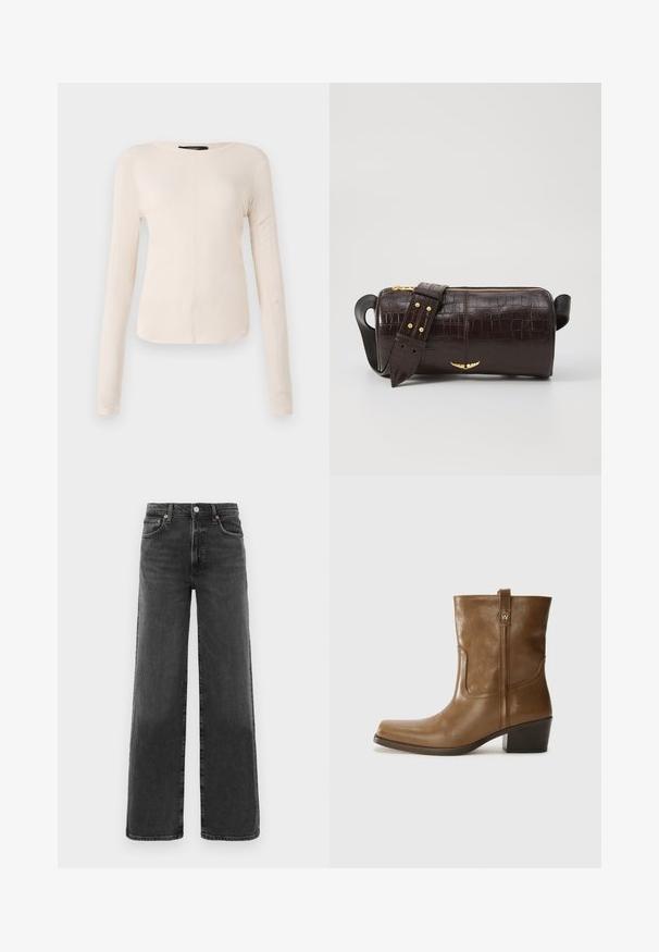 Długi rękaw, jasnobeżowa bluzka z okrągłym dekoltem. Wykonana z miękkiego materiału, posiada centralny szew oraz lekko zaokrąglony dół. Brak widocznych elementów metalowych.; Czarne dżinsy z wysokim stanem, proste nogawki, z przodem zapinanym na guzik i zamek błyskawiczny, dwoma przednimi kieszeniami i dwiema tylnymi kieszeniami.; Brązowy skórzany botek za kostkę z kwadratowym noskiem, teksturowanym wykończeniem i niskim, zakrytym obcasem. Posiada tylną pętelkę do zakładania oraz subtelne detale przeszycia.; Brązowa torba ze skóry z tłoczeniem krokodyla w kształcie cylindrycznym, z metalowymi elementami w kolorze złotym oraz odczepianym paskiem z ćwiekami.