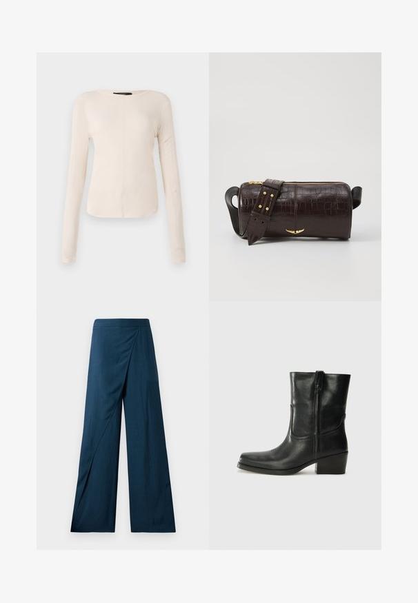 Μακρυμάνικη, ανοιχτό μπεζ μπλούζα με στρογγυλή λαιμόκοψη. Φτιαγμένη από μαλακό ύφασμα, διαθέτει κεντρική ραφή και ελαφρώς καμπυλωτό τελείωμα. Χωρίς ορατά αξεσουάρ.; Φαρδύ παντελόνι σε σκούρο μπλε, με σχέδιο τύπου περιτυλίγματος και μαλακό, υφασμάτινο ύφασμα. Το στρίφωμα είναι ελαφρώς φουσκωμένο για μια ρευστή σιλουέτα.; Μαύρη δερμάτινη μπότες αστραγάλου με στρογγυλή μύτη, τετράγωνη φτέρνα, πλαϊνό φερμουάρ και ραφές στη μύτη. Ομαλή υφή, κλασικός σχεδιασμός.; Καφέ τσάντα από δέρμα με ανάγλυφο σχέδιο κροκοδίλου, κυλινδρικό σχήμα, χρυσές λεπτομέρειες και αποσπώμενος ιμάντας με τρουκς.