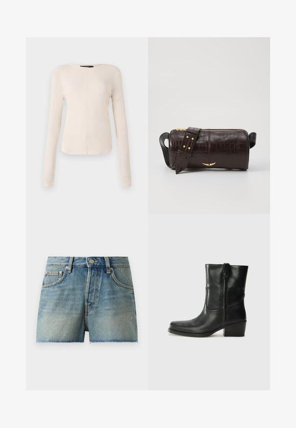 Langärmliges, hellbeiges Oberteil mit rundem Ausschnitt. Aus weichem Stoff gefertigt, verfügt es über eine zentrale Naht und einen leicht geschwungenen Saum. Keine sichtbaren Beschläge.; Jeansshorts in hellblau mit hoch geschnittenem Design, fransigem Saum und traditionellem Fünf-Taschen-Stil mit Metallbeschlägen.; Schwarze Leder-Ankle Boots mit runder Zehenform, Blockabsatz, seitlichem Reißverschluss und gestickten Akzenten auf dem Blatt. Glatte Textur, klassisches Design.; Braune, krokodilgeprägte Lederhandtasche mit zylindrischer Form, goldfarbener Hardware und einem abnehmbaren Tragegurt mit Nieten.