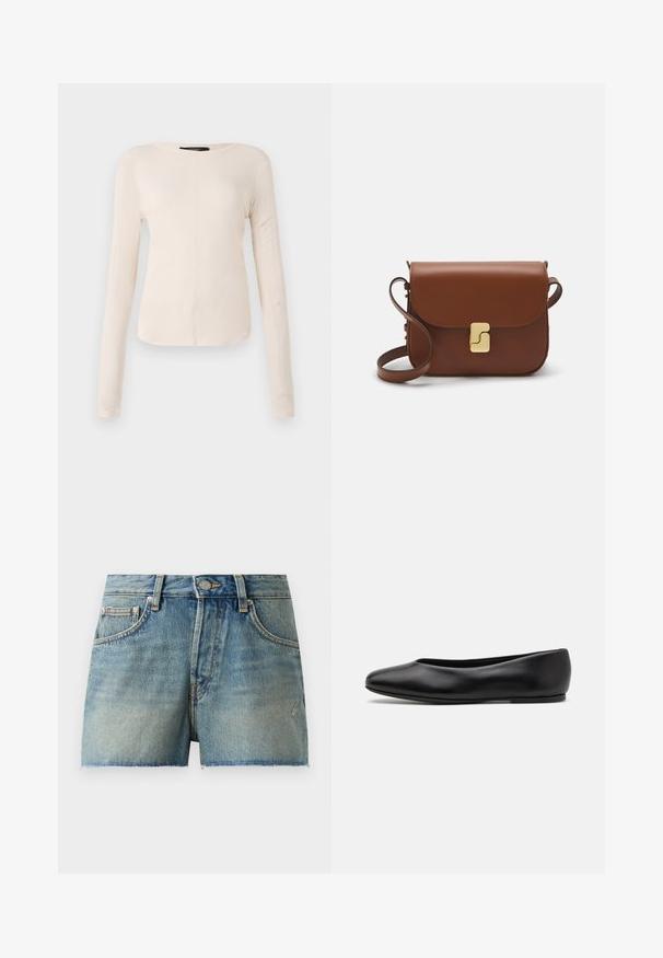 Long-sleeve, light beige top with a round neckline. Made of soft fabric, features a central seam and slightly curved hem. No visible hardware.; Denim shorts in light blue, featuring a high-waisted design, frayed hem, and traditional five-pocket style with metal hardware.; Paul Smith TOPANGA - Ballet pumps - black; Brown leather handbag with a flap closure, gold-tone hardware, a shoulder strap, and a smooth texture. Compact rectangular shape.