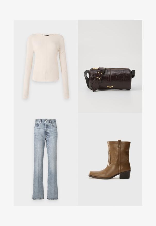 Langsleeve, lichtbeige top met een ronde halslijn. Gemaakt van zachte stof, heeft een centrale naad en een iets gebogen rand. Geen zichtbare hardware.; Lichtblauwe denim jeans met een flared leg ontwerp, hoge taille, frontzakken en subtiele vervaging. Standaard knoop- en ritsclosure.; Bruine lederen enkelboot met een vierkante neus, gestructureerde afwerking en een lage blokhak. Voorzien van een handige achterste lus en subtiele stikdetails.; Bruine krokodil-embosserende leren tas met een cilindervorm, gouden hardware en een afneembare schouderband met studs.