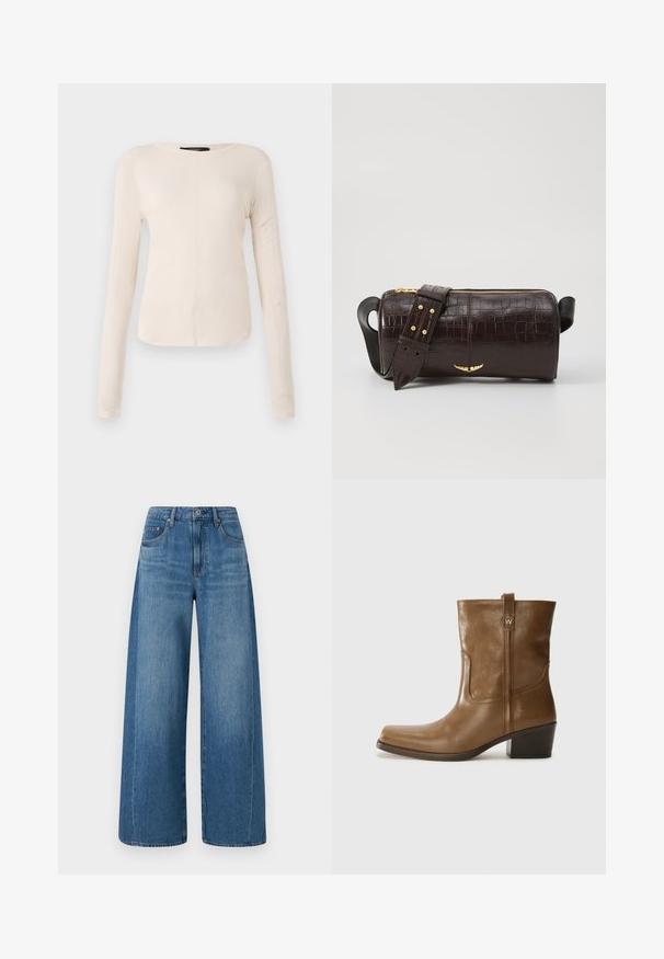 Pikkade varrukatega helesinine topp ümmarguse kaelusega. Valmistatud pehmest kangast, sisaldab keskset õmblust ja kergelt kaardus serva. Ei ole nähtavat riistvara.; Klassikalised sinised laia säärega teksad keskmise pesuga, millel on kõrge talje, viis taskut ja peened kulumise jäljed. Valmistatud sileda denimkangaga.; Pruun nahkne ankle boot ruudukujulise varbaga, tekstuuriga viimistluse ja madala virnastatud kontsaga. Sisaldab taga tõmbeaasat ja peeneid õmbluse detaile.; Pruunist krokodillimustrist nahast kott, millel on silindri kuju, kuldse tooni metalldetailid ja eemaldatav rihm, kus on nupud.