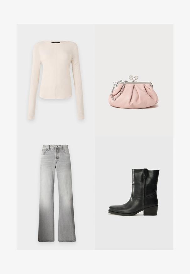 Dlouhý rukáv, světle béžový top s kulatým výstřihem. Vyrobeno z jemné látky, má středový šev a mírně zaoblený lem. Bez viditelné kovové úpravy.; Šedé denimové široké kalhoty s vysokým pasem, vybledlým vzhledem, pěti kapsami a jezdcem s uzávěrem na knoflík.; Černá kožená kotníková bota s kulatou špičkou, blokovým podpatkem, bočním zipem a prošíváním na svršku. Hladký povrch, klasický design.; Růžová kožená kabelka na ruku s nařaseným designem, kovovým rámem, dvěma kulatými sponami a stříbrným řetízkem. Hladká textura, kompaktní tvar.