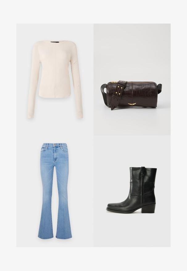 Dlhý rukáv, svetlo béžový top s okrúhlym výstrihom. Vyrobený z mäkkej látky, má stredový šev a mierne zakrivený spodný okraj. Bez viditeľného hardvéru.; Svetlomodré rozšírené džínsy s vysokým pásom, vyrobené z denimu, so prednými vreckami a jemne vyblednutou textúrou.; Čierne kožené členkové topánky s okrúhlou špičkou, blokovým podpätkom, bočným zipsom a prešívaním na priehlavku. Hladká textúra, klasický dizajn.; Hnedá taška z kože s embosovaným vzorom krokodíla, cylindrického tvaru, so zlatými hardvérovými doplnkami a odnímateľným popruhom so štítkami.