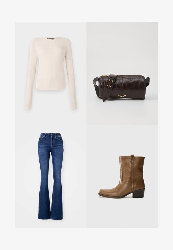 Haut à manches longues, beige clair avec un col rond. Fait dans un tissu doux, il présente une couture centrale et un ourlet légèrement courbé. Pas de métal visible.; Jean évasé bleu foncé à taille haute, en denim, avec des coutures contrastantes et une fermeture à bouton sur le devant.; Bottine en cuir marron avec un orteil carré, une finition texturée et un petit talon empilé. Présente une languette à l'arrière et des détails de couture subtils.; Sac en cuir embossé crocodile marron avec une forme cylindrique, quincaillerie dorée et une bandoulière détachable ornée de clous.
