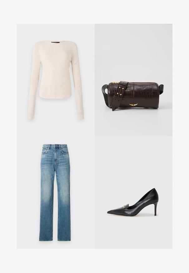 Ilgi piedurkņu, gaiši bēšas krāsas blūze ar apaļu dekoltē. Izgatavota no mīksta auduma, ar centrālo šuvi un nedaudz izliekta apakšmala. Nav redzamu papildus elementu.; Gai zila džinsu bikses ar platām kājām un nodiluma efektu, ar piecām kabatām, pogu aizdari un kontrastējošu šuvju detaļām.; Melnas ādas sūkņi ar norādītu pirkstu, zemu griezumu un dekoratīvu zelta akcentu. Iezīmējas ar stiletto papēdi un gludu tekstūru.; Brūna krokodila ādas soma ar cilindrisku formu, zelta toni aparatūru un noņemamu siksnu ar studiem.