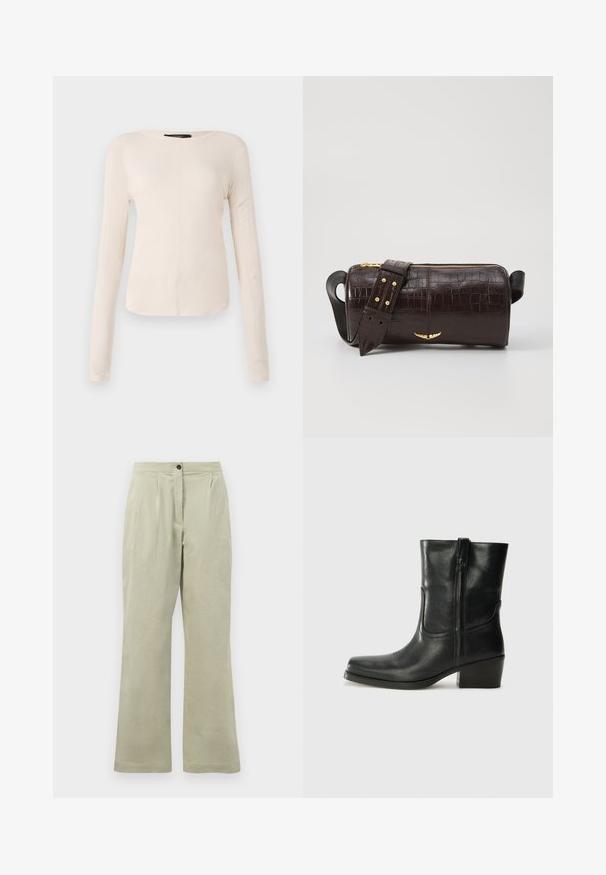 Hosszú ujjú, világos bézs blúz kerek nyakkivágással. Puha anyagból készült, középső varrással és enyhén ívelt szegéllyel rendelkezik. Nincs rajta látható fémrész.; Világoszöld, bő szárú nadrág puha anyagból, elöl gombos záródással, pliszékkel és letisztult szegéllyel.; Fekete bőr bokacsizma lekerekített orral, blokk sarkúval, oldalsó cipzárral és varrásos díszítéssel az elején. Simább textúra, klasszikus dizájn.; Barna krokodilbőr hatású bőr táska henger alakú, arany tónusú fémveretekkel és lecsatolható, szegecsekkel díszített pánttal.