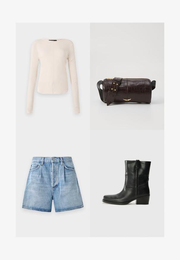 Dlhý rukáv, svetlo béžový top s okrúhlym výstrihom. Vyrobený z mäkkej látky, má stredový šev a mierne zakrivený spodný okraj. Bez viditeľného hardvéru.; Svetloblúzové denimové šortky s vysokým pásom, s gombíkom a zipsom, prednými vreckami a roztrhnutým lemom.; Čierne kožené členkové topánky s okrúhlou špičkou, blokovým podpätkom, bočným zipsom a prešívaním na priehlavku. Hladká textúra, klasický dizajn.; Hnedá taška z kože s embosovaným vzorom krokodíla, cylindrického tvaru, so zlatými hardvérovými doplnkami a odnímateľným popruhom so štítkami.