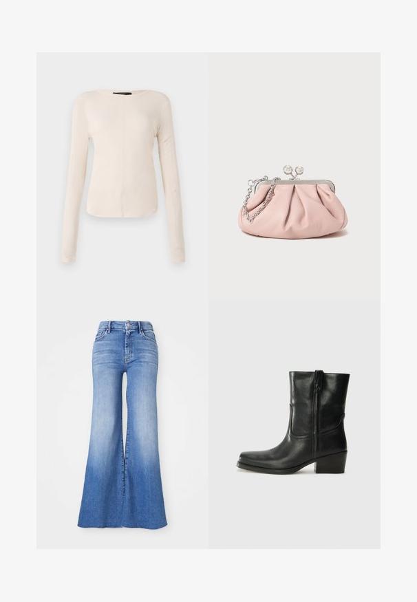 Långärmad, ljusbeige topp med rund halsringning. Tillverkad i mjukt material, har en central söm och något rundad nederkant. Inga synliga detaljer.; Uppvikta denimjeans i ljusblå tvätt, med hög midja, distinkta vida ben och en lätt blekning mot fållen. Knappar och dragkedja.; Svart läderankelboot med rund tå, blockklack, sidodragkedja och sömmar på ovandelen. Slät textur, klassisk design.; Rosa läderkuvertväska med en rynkad design, metallram, två runda lås och en silverkedjeslips. Slät textur, kompakt form.