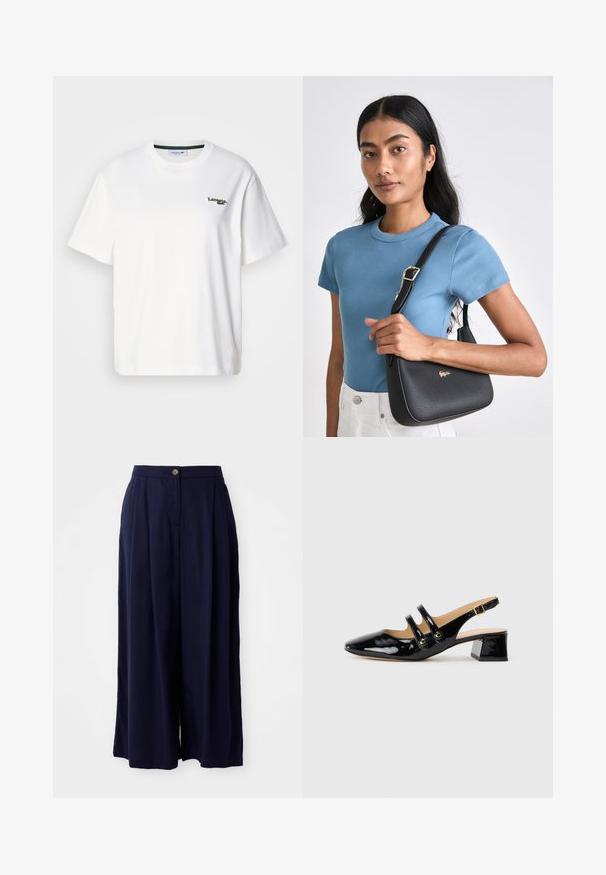 White cotton t-shirt with a relaxed fit, featuring a green embroidered logo on the left chest and a round neck. Smooth texture.; Navy blue wide-leg trousers with high waist, front button closure, and pleated detailing on white background.; Black patent leather slingback shoe with pointed toe, two strap detail, gold circular accents, and a low block heel.; Black textured handbag with a curved shape, accented by a gold logo, paired with a ribbed light blue short-sleeve shirt and white pants.