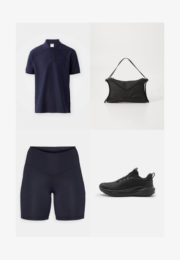 Polo majica tamnoplave boje napravljena od teksturiranog materijala, sa okovratnikom, tri dugmeta na spratu i malim izvezenim logotipom na grudima.; Tamno plavi šorc s visokim strukom od rastezljivog materijala. Ima glatku površinu, uski kroj i bočne džepove za praktičnost.; Crne sportske tenisice s teksturiranim mrežastim gornjištem, podstavljenim ovratnikom, vezicama i gumiranim potplatom. Karakterizira ih moderan dizajn i čvrsta konstrukcija.; Crna torba s mekim, teksturiranim materijalom. Ima valoviti dizajn, jedan naramenicu i suptilan logo detalj s prednje strane.