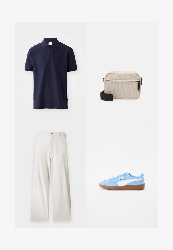 Navy blue polo shirt made of textured fabric, featuring a collar, three-button placket, and a small embroidered logo on the chest.; Beige wide-leg pants made from cotton with a zip fly and single button closure. Features front pockets and a textured fabric finish.; Light blue suede sneakers with white accents, round toe, lace-up closure, and a textured gum rubber sole featuring the Puma logo.; Cream-colored corduroy crossbody bag with a black zipper, removable strap, and textured pattern. Features one main compartment and front pocket.