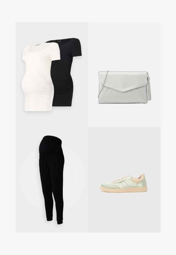 Két rövid ujjú kismamakabát, az egyik fehér, a másik fekete, rugalmas anyagból készült, kerek nyakkivágással és oldalvarrásokkal.; Fekete kismama kocogónadrág, rugalmas, ráncolt derékrésszel, oldalsó zsebekkel és bokánál szűkített végződésekkel, puha, rugalmas anyagból.; Világos zöld selyemfényű sportcipők textúrált felülettel, bézs díszítésekkel, lekerekített orral és fűzőkkel. Gumi talp és minimalista csíkmintázat.; Ezüst szintetikus bőr cluth táska boríték formájú dizájnnal, láncos vállpánttal és egy oldalán bojt részlettel, amely szögletes varrásokkal rendelkezik.