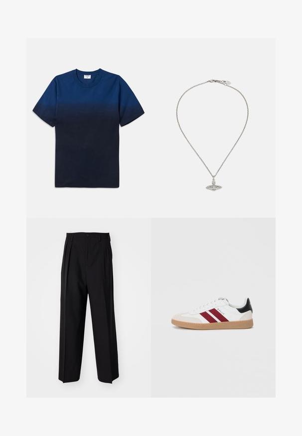 Navy blue cotton t-shirt with a round neck, short sleeves, and a subtle gradient design transitioning from lighter to darker shades.; Black pleated trousers with a straight, wide-leg design. Made from smooth fabric, featuring a button closure and belt loops.; White low-top sneakers featuring two maroon stripes, a suede toe cap, and a black accent at the heel, with a gum sole.; Silver necklace with a delicate chain and an oval pendant featuring intricate designs and a central gemstone accent.