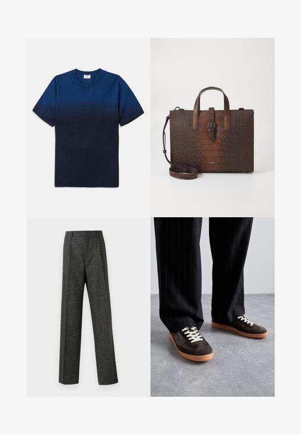 Námornícky modré bavlnené tričko s okrúhlym výstrihom, krátkymi rukávmi a jemným gradientovým dizajnom, ktorý prechádza z svetlejších odtieňov do tmavších.; Sivé úzke nohavice z textúrovanej látky, s dvoma prednými skladmi a rovnými nohavicami. Bez viditeľných vreciek alebo ozdôb.; Tmavohnedé semišové tenisky s krémovými šnúrkami, bielymi akcentmi a svetlohnedou gumovou podrážkou. Nosí sa s čiernymi nohavicami s pruhmi.; Hnedá kabelka z kože s embosovaným vzorom krokodíla, vybavená hornými držadlami a odnímateľným ramenným popruhom. Má prackové zapínanie a obdĺžnikový tvar.