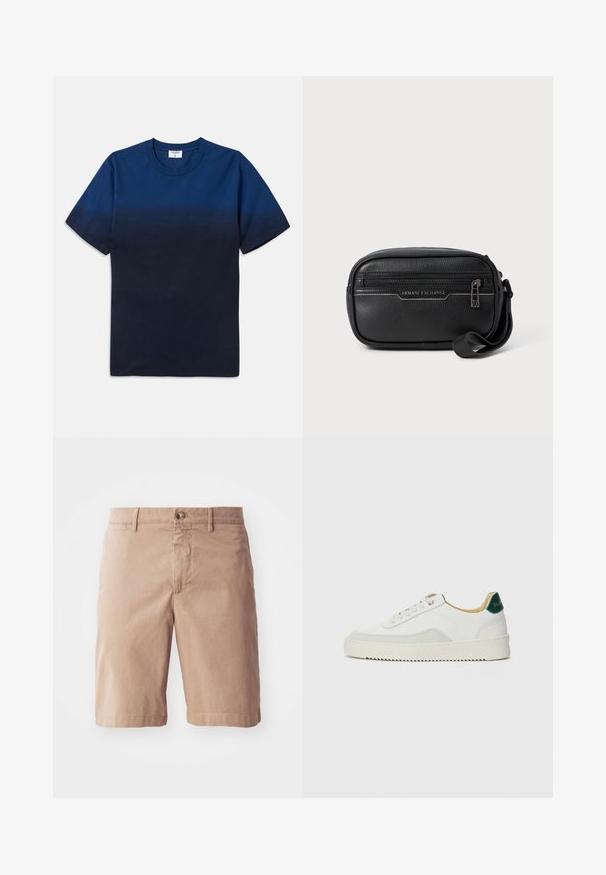 Navy blue cotton t-shirt with a round neck, short sleeves, and a subtle gradient design transitioning from lighter to darker shades.; Beige cotton shorts with a straight leg design, featuring a front button closure and belt loops. Smooth texture with minimal stitching details.; White sneaker with suede accents, rounded toe, flat laces, and a cream rubber sole. Features green branding on the heel.; Black leather crossbody bag with zip closure, textured surface, and silver hardware. Features "Armani Exchange" logo on the front.