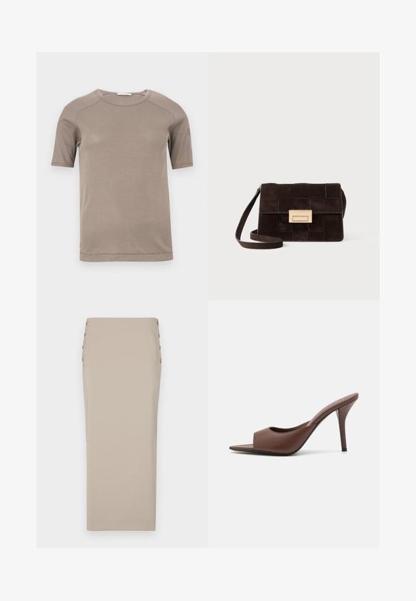 Short-sleeve beige ribbed crewneck t-shirt with visible stitching on sleeves and neckline, displayed flat on a white background.; Beige pencil skirt made of smooth fabric, featuring side buttons, a streamlined silhouette, and no visible pockets or patterns.; Brown leather open-toe high-heeled mules with a sleek design, featuring a wide front strap and a slender stiletto heel.; Brown suede handbag featuring a quilted design, rectangular shape, gold-tone hardware, and an adjustable shoulder strap.; Pair of irregular oval-shaped gold-toned metal earrings with a textured, slightly hammered surface on a white background.