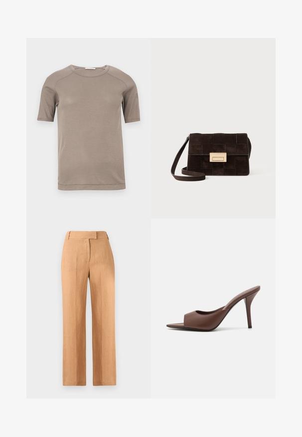Short-sleeve beige ribbed crewneck t-shirt with visible stitching on sleeves and neckline, displayed flat on a white background.; Light brown linen trousers with a straight cut, two front pleats, and a flat waistband. No visible pockets or hardware details.; Brown leather open-toe high-heeled mules with a sleek design, featuring a wide front strap and a slender stiletto heel.; Brown suede handbag featuring a quilted design, rectangular shape, gold-tone hardware, and an adjustable shoulder strap.