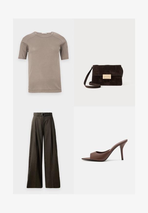 Beige ribstrikket T-shirt med korte ærmer og rund hals, med synlige syninger ved ærmer og halsudskæring, lagt fladt på en hvid baggrund.; Højtaljede, vide bukser i mørkebrun stof med en glat tekstur. Har et matchende bælte med en cirkulær spænde og plisseret design.; Brune læder open-toe højhælede mules med et slankt design, der har en bred frontrem og en slank stiletto-hæl.; Brun ruskinds håndtaske med quiltet design, rektangulær form, guldfarvede detaljer og en justerbar skulderrem.; Et par uregelmæssige ovalformede øreringe i guldtonet metal med en tekstureret, let hamret overflade på en hvid baggrund.