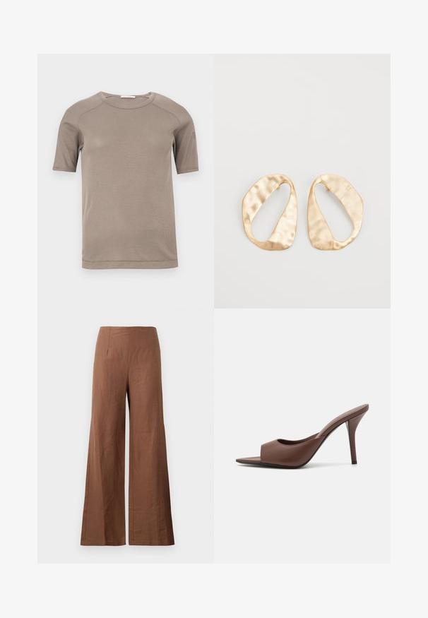 Īsām piedurknēm, bēša krāsas ribota apaļas kakla T-krekls ar redzamām šuvēm piedurknēs un kakla izgriezumā, uzklāts plakani uz balta fona.; Brūni platajām kājām bikses, izgatavotas no teksturēta auduma. Tām ir augsts jostasvieta ar diviem priekšējiem krokām un taisnām, plūstošām kājām.; Brūni ādas atvērtas pirksta augstpapēžu čības ar elegantu dizainu, kas iezīmējas ar plašu priekšējo siksniņu un slaidu stiletto papēdi.; Pāris neregulāras ovālas formas zelta toņos metāla auskaru ar teksturētu, nedaudz sitētu virsmu uz baltas fona.