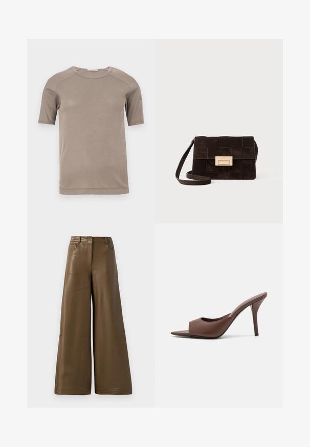 Short-sleeve beige ribbed crewneck t-shirt with visible stitching on sleeves and neckline, displayed flat on a white background.; Wide-leg trousers made of smooth, brown faux leather. Features a high waist, four pockets, and a front zipper. Flat texture and minimalistic design.; Brown leather open-toe high-heeled mules with a sleek design, featuring a wide front strap and a slender stiletto heel.; Brown suede handbag featuring a quilted design, rectangular shape, gold-tone hardware, and an adjustable shoulder strap.; Pair of irregular oval-shaped gold-toned metal earrings with a textured, slightly hammered surface on a white background.