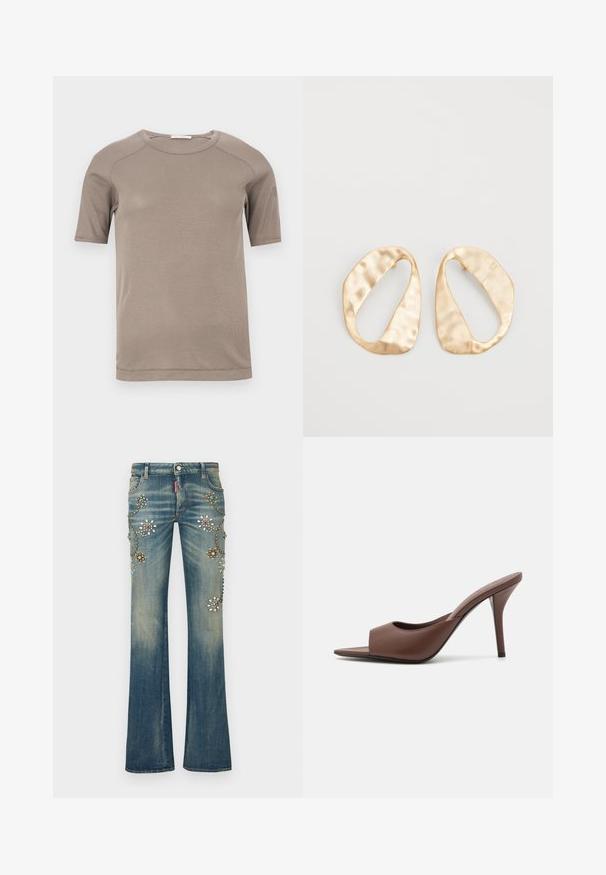 Beige ribbel T-shirt met korte mouwen en een ronde hals, met zichtbare naden op de mouwen en halslijn, plat liggend op een witte achtergrond.; Wijde blauwe spijkerbroeken met bloemversieringen in verschillende kleuren, met studs en pailletten die in een decoratief patroon zijn gerangschikt.; Bruine leren open-teen hoge hak muiltjes met een slank ontwerp, voorzien van een brede voorkruistrap en een slanke stiletto hiel.; Een paar onregelmatig ovale, gouden metalen oorbellen met een gestructureerd, lichtgehamerd oppervlak op een witte achtergrond.