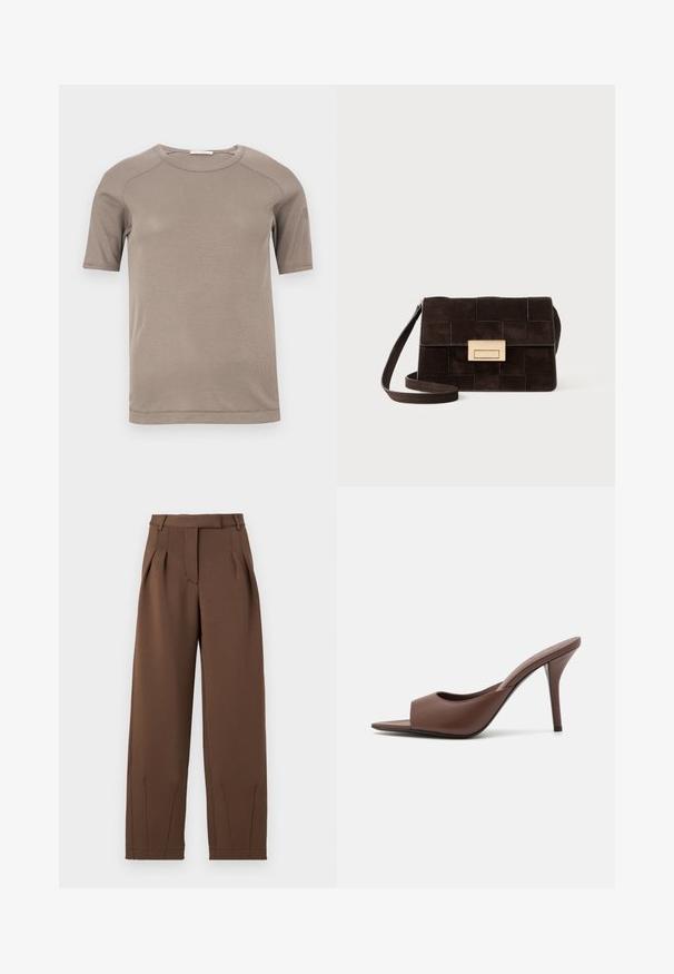Short-sleeve beige ribbed crewneck t-shirt with visible stitching on sleeves and neckline, displayed flat on a white background.; Brown trousers made of smooth fabric, with a high waistband, front pleats, and a relaxed fit. Features side pockets and tapered legs.; Brown leather open-toe high-heeled mules with a sleek design, featuring a wide front strap and a slender stiletto heel.; Brown suede handbag featuring a quilted design, rectangular shape, gold-tone hardware, and an adjustable shoulder strap.; Pair of irregular oval-shaped gold-toned metal earrings with a textured, slightly hammered surface on a white background.