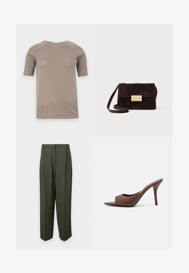 Lyhythihainen beige resorineulottu pyöreäkauluksinen t-paita, jossa näkyvät saumat hihoissa ja kaula-aukossa, esillä tasaisena valkoisella taustalla.; Oliivinvihreät housut, jotka on valmistettu sileästä kankaasta. Niissä on korkea vyötärö, laskostettu etuosa ja leveälahkeinen siluetti. Ei näkyviä taskuja tai koristeita.; Ruskean nahkakengät, joissa on avonainen varvas, korkea kanta ja tyylikäs muotoilu. Kengissä on leveä etuhihna ja hoikka stiletto-korko.; Ruskea nahkapussukka, jossa on tikattu muotoilu, suorakulmainen muoto, kultaiset yksityiskohdat ja säädettävä olkahihna.; Pari epämuodostuneita soikeita kultasävyisiä metallikorvakoruja, joissa on teksturoitu, hieman hakattu pinta valkoista taustaa vasten.