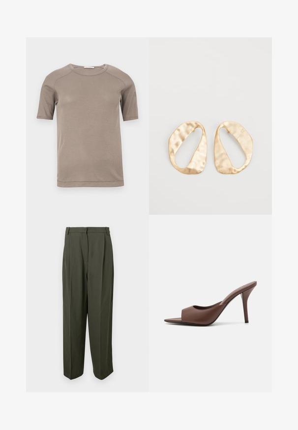 Tricou bej cu mâneci scurte, guler rotund și textură în dungi, cu cusături vizibile pe mâneci și la nivelul gulerului, afișat pe o suprafață albă.; Pantaloni de culoare verde olive, confecționați dintr-un material neted, având talie înaltă, față pliată și siluetă evazată. Fără buzunare vizibile sau elemente decorative.; Mule-uri din piele maro, cu vârf deschis și toc înalt, cu un design elegant, având o curea frontală lată și un toc subțire de tip stiletto.; O pereche de cercei din metal de culoare aurie, cu formă ovală neregulată, având o suprafață texturată, ușor ciocănită, pe un fundal alb.
