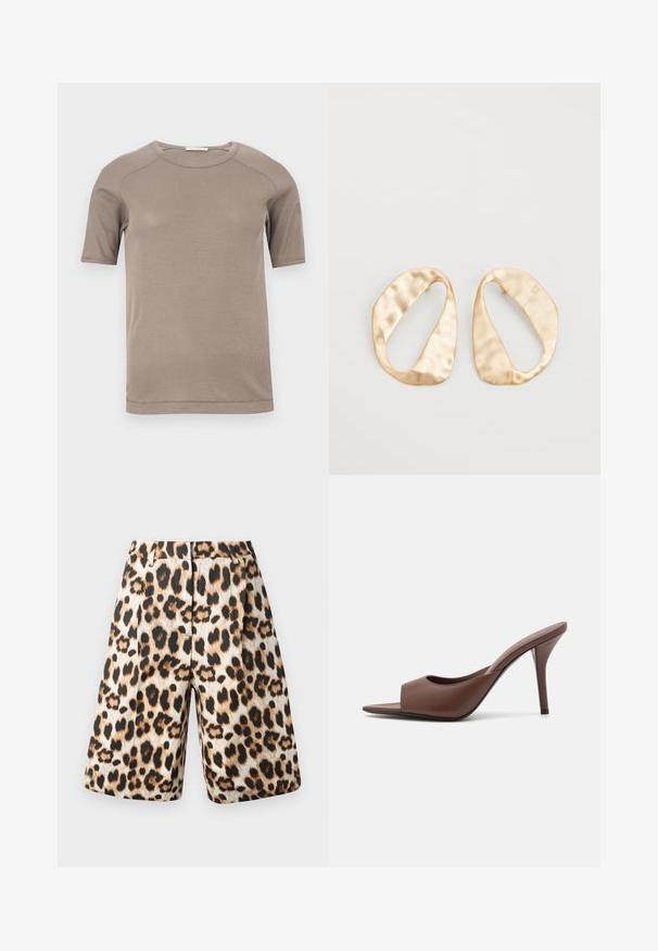 Rövid ujjú, bézs színű bordázott póló, kerek nyakkivágással, látható varrással az ujjakon és a nyakkivágásnál, fehér háttéren elhelyezve.; Leopárdmintás rövidnadrág bézs és fekete árnyalatok keverékével, redős kialakítással és oldalsó zsebekkel. Simább anyagból készült, fényes bevonattal.; Barna bőr nyitott orrú magassarkú papucs, letisztult dizájnnal, széles elülső pánttal és karcsú stiletto sarokkal.; Egy pár szabálytalan, ovális formájú, aranyszínű fém fülbevaló, enyhén kalapált felülettel, fehér háttéren.