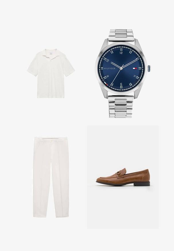 Polo à manches courtes en coton écru, avec un col classique, des fentes sur les côtés et une surface texturée pour un confort optimal.; Pantalon blanc en tissu lisse, avec une coupe droite, des poches avant et une fermeture à un bouton au niveau de la taille.; Mocassins en cuir marron avec un talon plat, ornés d'un accent métallique décoratif à l'avant, au design épuré et à la texture lisse.; Montre en métal argenté avec un cadran bleu brossé, des index heures blancs et un affichage de la date. Comprend un bracelet métallique à maillons et le logo de la marque.; Boucles d'oreilles en croix dorées avec une finition lisse et une boucle suspendue, présentant un design simple et allongé. Chaque croix est de taille uniforme.