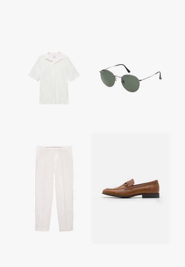 Pánská polokošile s krátkým rukávem v barvě off-white vyrobená z bavlny, s klasickým límečkem, bočními rozparky a texturovaným povrchem pro pohodlné nošení.; Bílé kalhoty z hladkého materiálu, s rovnými nohavicemi, předními kapsami a jedním knoflíkem na zapínání v pase.; Hnědé kožené mokasíny s plochým podpatkem, s dekoračním kovovým akcentem na přední části, elegantním designem a hladkou texturou.; Sluneční brýle s kovovým rámem a oválnými zelenými skly. Tenký stříbrný kovový rám a černé chrániče uší. Minimalistický design, žádné viditelné logo.