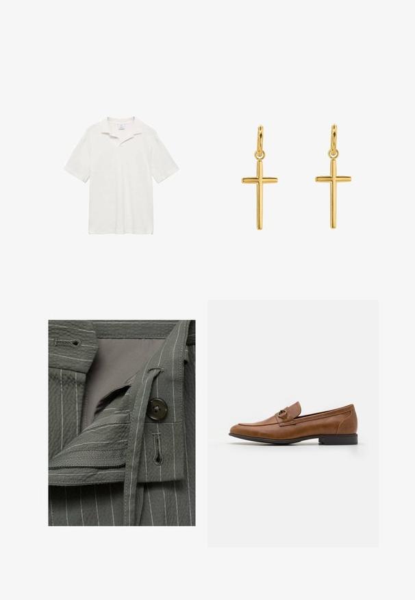Kurzärmliges Poloshirt aus cremefarbener Baumwolle mit klassischem Kragen, Seitenschlitzen und strukturierten Oberflächen für eine bequeme Passform.; Grauer Stoff mit vertikalen weißen Streifen, ausgestattet mit einem Knopfverschluss und einer Reißverschlusstasche. Glatte Textur mit geschichteten Designelementen.; Braune Lederloafers mit flachem Absatz, die eine dekorative Metallakzentuiert auf der Vorderseite, ein elegantes Design und eine glatte Textur aufweisen.; Goldene Kreuzohrringe mit glatter Oberfläche und hängender Schlaufe, die ein einfaches, längliches Design aufweisen. Jedes Kreuz hat eine einheitliche Größe.
